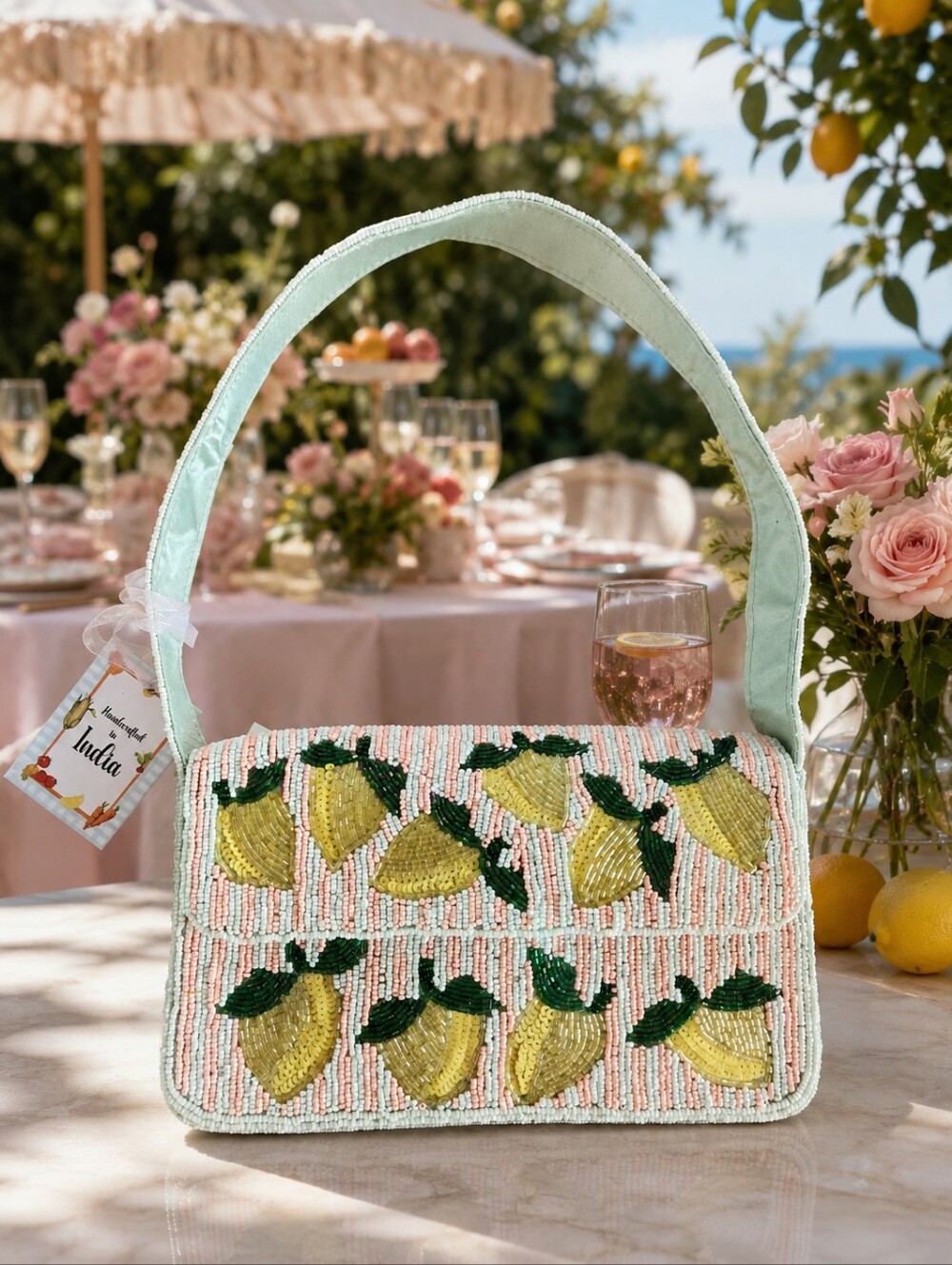 Hand-Beaded Lemon Motif Shoulder Bag - Pastel Mint Colors NWT